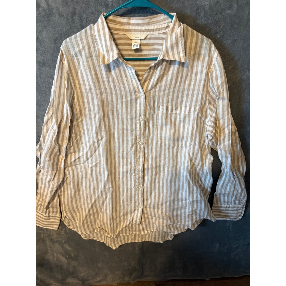 H&M Linen Blend Striped Button Down Shirt Beige White Medium
